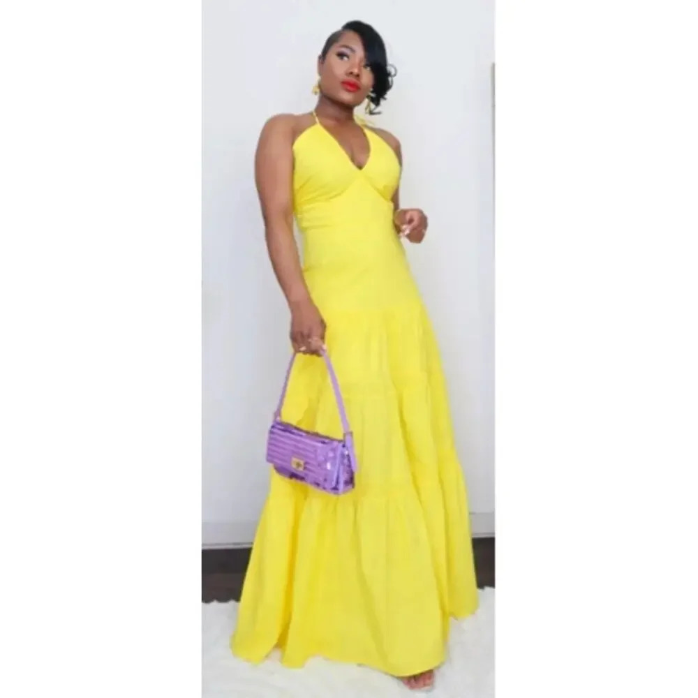 Prabal Gurung Yellow Maxi Dress‎ Size 18 Tiered Halter Summer Smocked Back Long